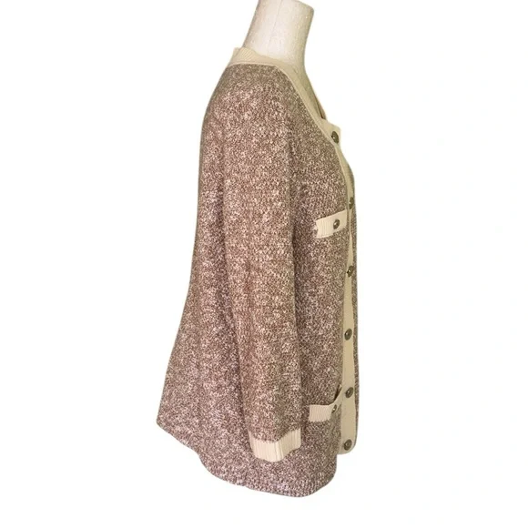 J. Jill Wearever Contrast Trimmed Knit Cardigan Jacket in Camel/Porcelain - M